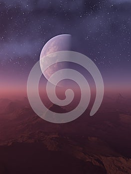 3d rendered Space Art: Alien Planet - A Fantasy Landscape with purple skies and stars