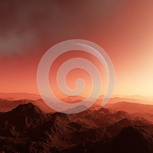 3d rendered Space Art: Alien Planet - A Fantasy Landscape with red skies and clouds