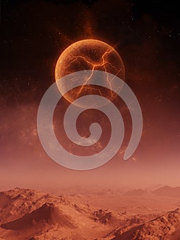 3d rendered Space Art: Alien Planet - A Fantasy Landscape with red skies and exploding planet