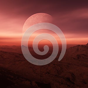 3d rendered Space Art: Alien Planet - A Fantasy Landscape with red skies and planet at the horizon