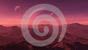 3d rendered Space Art: Alien Planet - A Fantasy Landscape with red skies and planets
