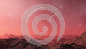 3d rendered Space Art: Alien Planet - A Fantasy Landscape with red skies and stars