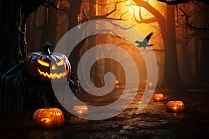 3D rendered spooky forest scene, Halloween pumpkins in eerie orange ambiance