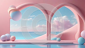 3D Rendered Surreal Pastel Landscape: Abstract Background with Arches and Podium for Product Showcase.