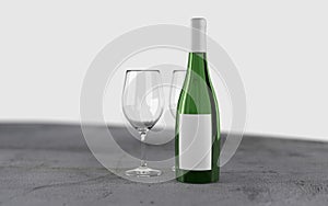 3d rendered wine bottle with empty glasses