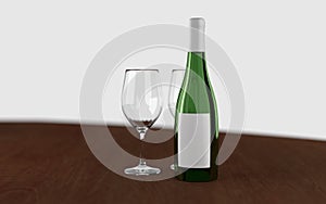 3d rendered wine bottle with empty glasses