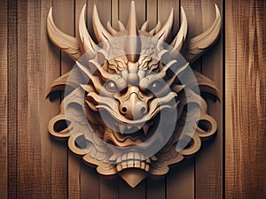 3d rendered wooden wall with dragon head