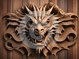 3d rendered wooden wall with dragon head