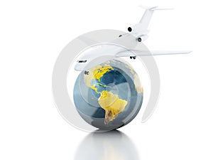 3d renderer illustration. airplane and world globe. travel concept