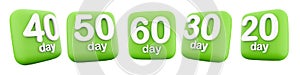 3d rendering 20, 30, 40, 50, 60 days to go icon set. 3d render countdown to holiday sales icon set. Twenty, thirty
