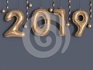 3d rendering 2019 balloon text/number gold metallic grey wall