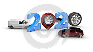 3D rendering of 2020 new year date formed by numbers and pins of navigators instead of zeros. Wheels and car are complementary to