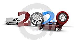 3D rendering of 2020 new year date formed by numbers and pins of navigators instead of zeros. Wheels and car are complementary to