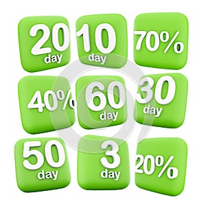 3d rendering 3, 10, 20, 30, 50, 60 day to go, left icon set. 3d render 20, 40, 70 percent icon set. Countdown to the