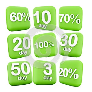 3d rendering 3, 10, 20, 30, 50 day to go, 20, 60, 70, 100 percent icon set. 3d render day before the start of discounts