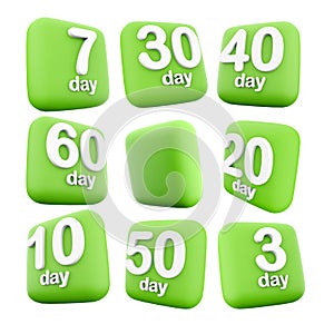 3d rendering 3, 7, 10, 20, 30 , 40, 50, 60 day to go, left icon set. 3d render event reminder by day icon set. Three