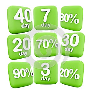 3d rendering 3, 7, 20, 30, 40 day left, 20, 70, 80, 90 percent icon set. 3d render reminder about discounts and discount