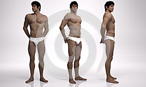 3D Rendering : 3 standing male bodies illustration , Mesomorph men