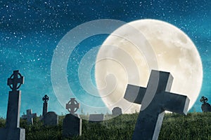 3d rendering of abandoned graveyard full with old tombstones in the full moon light