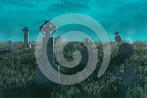 3d rendering of abandoned graveyard full with old tombstones at night