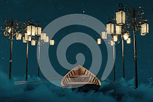 3d rendering of abandoned wooden boat over fluffy night clouds. Illuminated from classic streetlamps