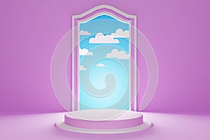 3d rendering. Abstract background with blue sky and white clouds. In a room with an empty podium Showcase prototype with a round