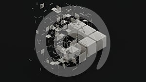 3D rendering of an abstract background with geometry elements. White cubes and segments, polygons are arranged in the construction