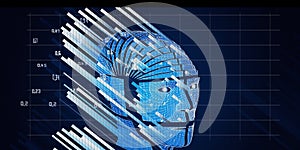 3D rendering of abstract background with wireframe human  head cyborg. Polygonaly robot with bllured lines and effects lense