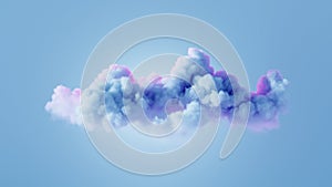 3d rendering, abstract blue cloud glowing from inside with pink neon light, isolated on pastel blue background. Stormy cumulus