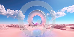3d rendering abstract fantasy background. Surreal fantastic landscape. Blue sky, white fluffy clouds, neon round linear