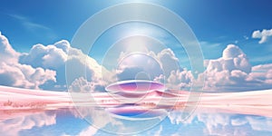 3d rendering abstract fantasy background. Surreal fantastic landscape. Blue sky, white fluffy clouds, neon round linear