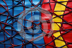 3d rendering of abstract geometric background with red, yellow and blue pattern, A bold mesh of primary colors with deep, wavering