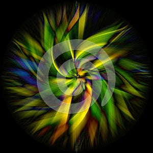 3D rendering of an abstract green and yellow spiral isolated on black background