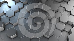 3D rendering of abstract hexagonal geometric aluminum surfaces in virtual space