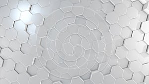 3D rendering of abstract hexagonal geometric white surfaces in virtual space