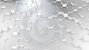 3D rendering of abstract hexagonal geometric white surfaces in virtual space