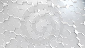 3D rendering of abstract hexagonal geometric white surfaces in virtual space