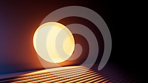 3d rendering, abstract minimalist geometric background. Warm orange light. Round hole in the wall, glowing in the dark