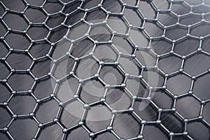 3D rendering abstract nanotechnology hexagonal geometric form close-up. Graphene atomic structure concept, carbon