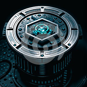 3D rendering of abstract technology concept background. Round technologic engine with crystal core. Hi-tech circuit board