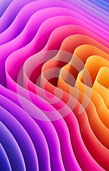 3D rendering of an abstract vertical background with smooth lines of spline waves from yellow to purple with depth of field