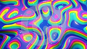 3d rendering. Abstract wavy pattern on bright glossy surface, liquid gradient rainbow color, waves on paint fluid