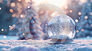 3D rendering of an abstract winter Christmas background with an empty crystal snow globe.