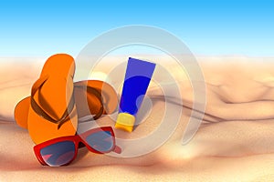 3D rendering of accessories for vacation on the sand at beach, s