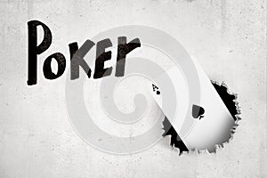 3d rendering of ace of spades breaking white wall with `Poker` sign on white background