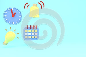 3D Rendering of Agenda element icons calendar and clock with copy space on background concept of time management. 3D