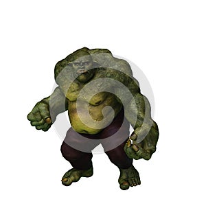 3D rendering of an aggressive green ogre with clenched fist