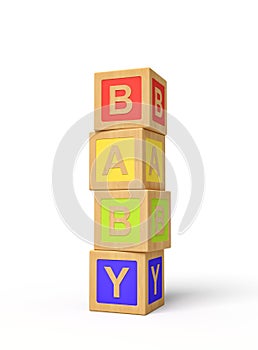 3d rendering of alphabet toy blocks, word `BABY`