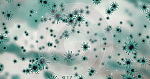 3D rendering animation, light green coronavirus cells covid-19 influenza flowing on abstract green background with white cells as