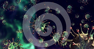 3D rendering animation, multi-color coronavirus cells covid-19 influenza flowing on color plexus gradient background as dangerous